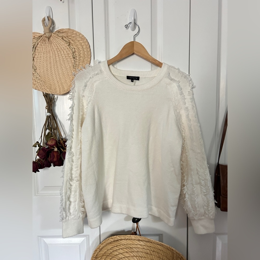 White Sweater with fringe sleeve detail